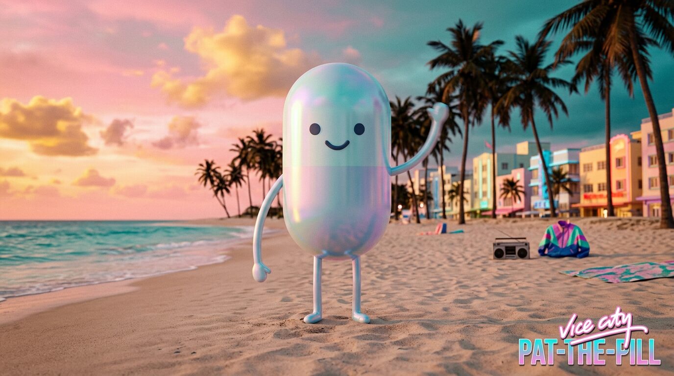 Pat the Pill, the Angstipan mascot, waving on a Vice City beach at sunset